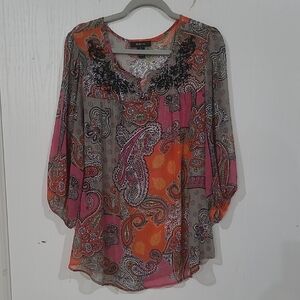 Style & Co. Womens Gray Orange Paisley Boho Embroidery Peasant Blouse Size Large